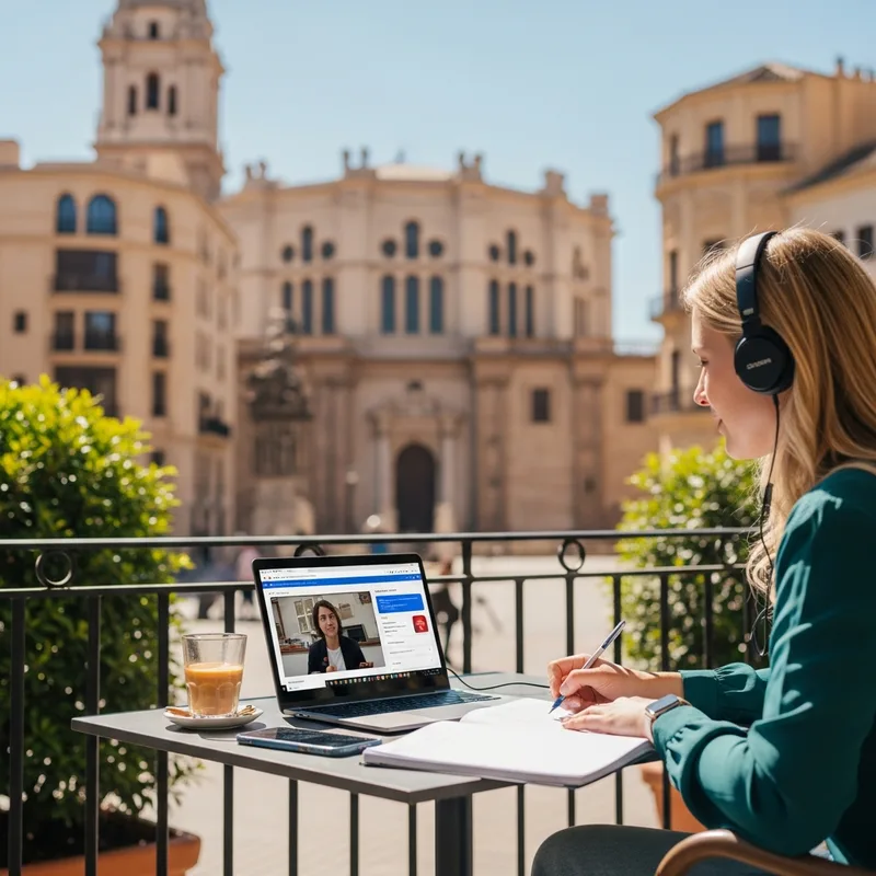 Alumno en clase de español por videollamada frente a la Catedral de Málaga
