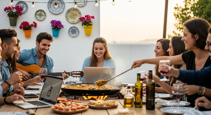 Cena andaluza con paella y guitarra en una terraza