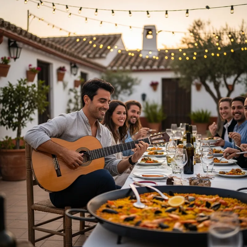Grupo de amigos preparando paella al aire libre