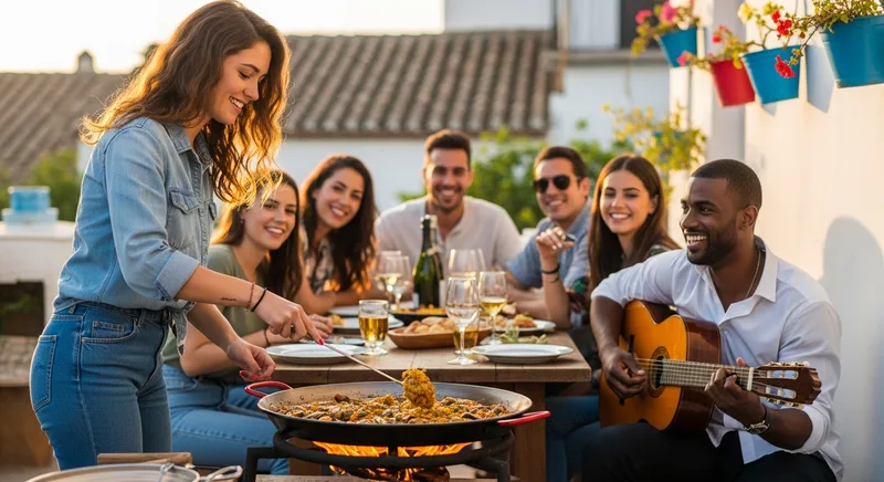 Amigos disfrutando de una paella andaluza al atardecer