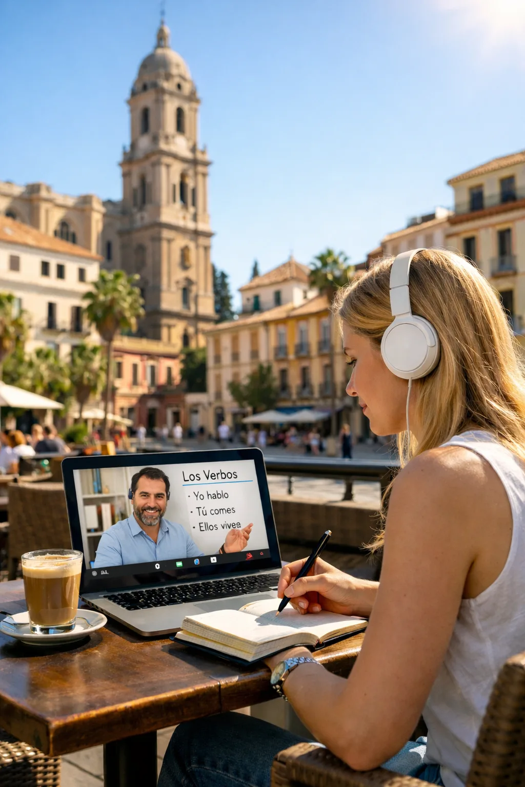 Alumna en clase de español en vivo por videollamada en Málaga